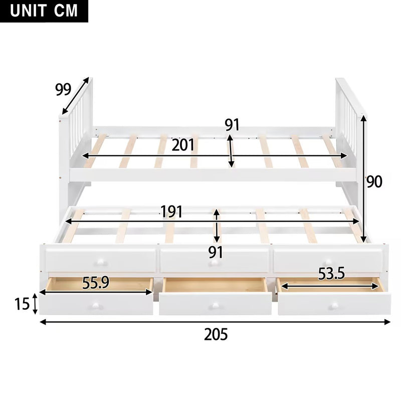 Lit simple lit enfant gigogne blanc en bois avec 3 tiroirs 90x200cm(90x190cm) LEINA