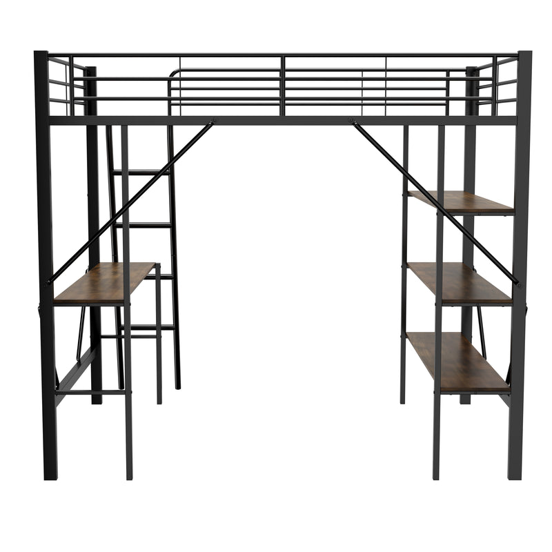 Lit mezzanine métallique noir avec cadre de lit 90x200 cm, avec bureau et 3 grandes étagères CORCEKS