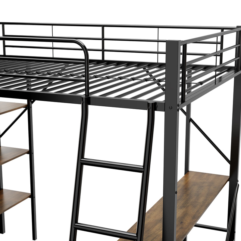 Lit mezzanine métallique noir avec cadre de lit 90x200 cm, avec bureau et 3 grandes étagères CORCEKS
