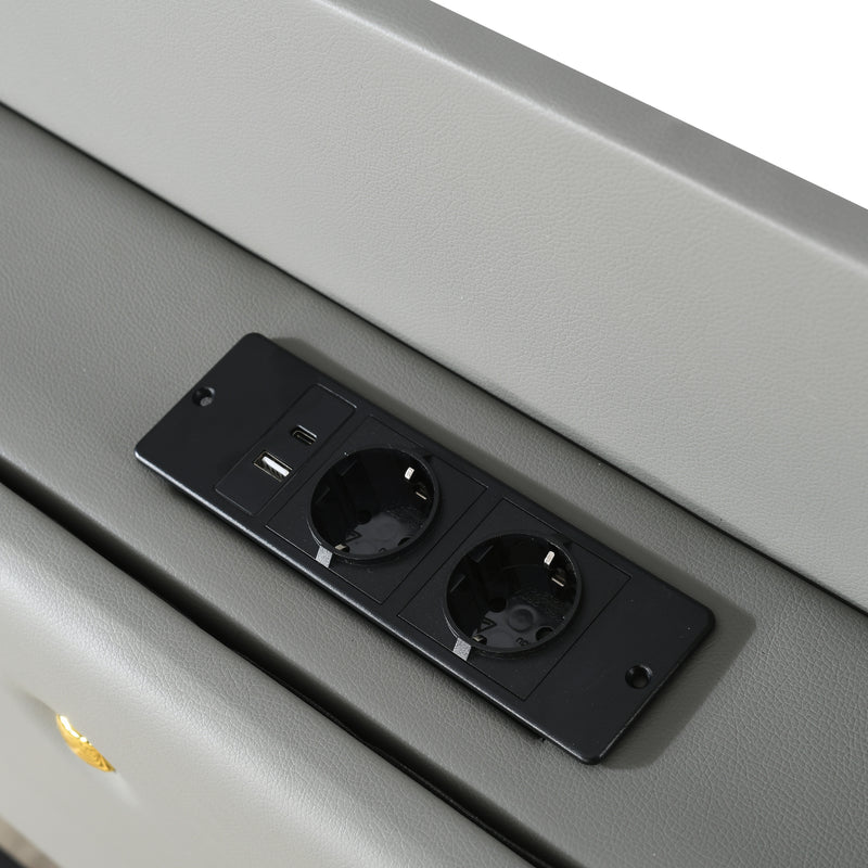 Lit double capitonné simili cuir gris, tête de lit rangement avec port USB, tiroirs 2 cotés 140x200cm ZUTTOIK