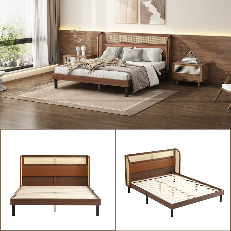 Lit double vintage effet noyer avec tête de lit en PU et rotin avec sommier à lattes 160x200cm VORZIR DOUBLE BED