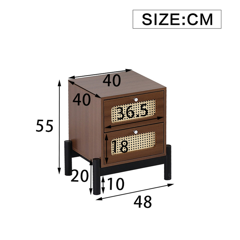 Table de chevet vintage effet noyer à 2 tiroirs en rotin et pieds noirs VORZIR NIGHT STAND