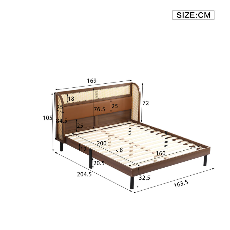 Lit double vintage effet noyer avec tête de lit en PU et rotin avec sommier à lattes 160x200cm VORZIR DOUBLE BED