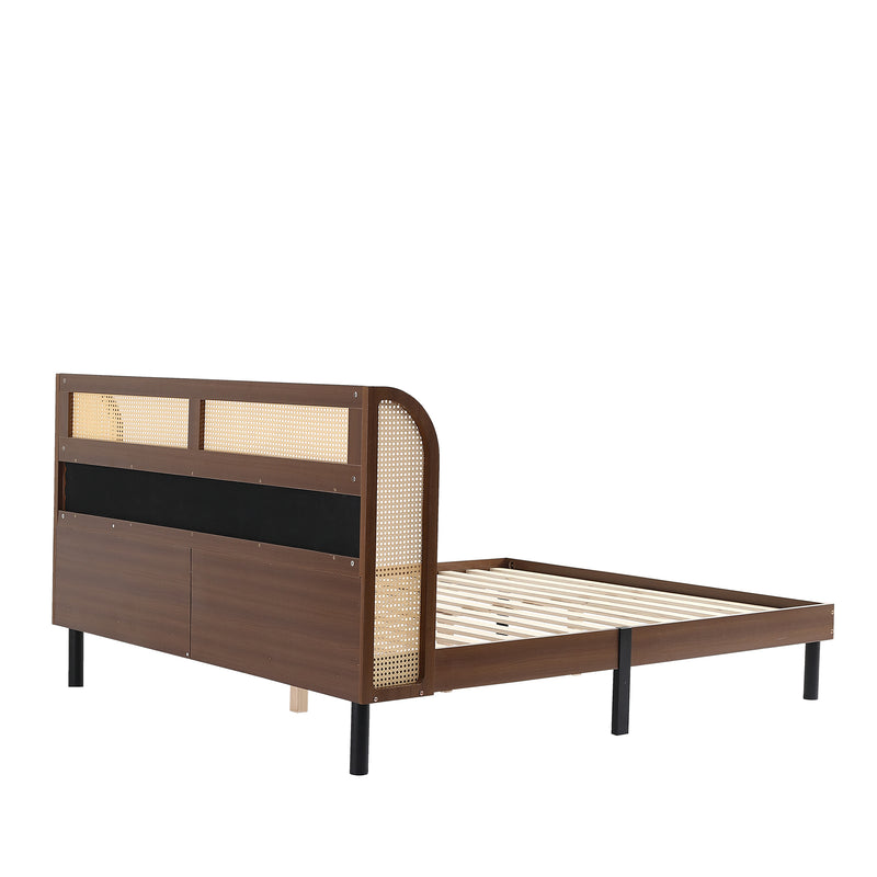 Lit double vintage effet noyer avec tête de lit en PU et rotin avec sommier à lattes 160x200cm VORZIR DOUBLE BED