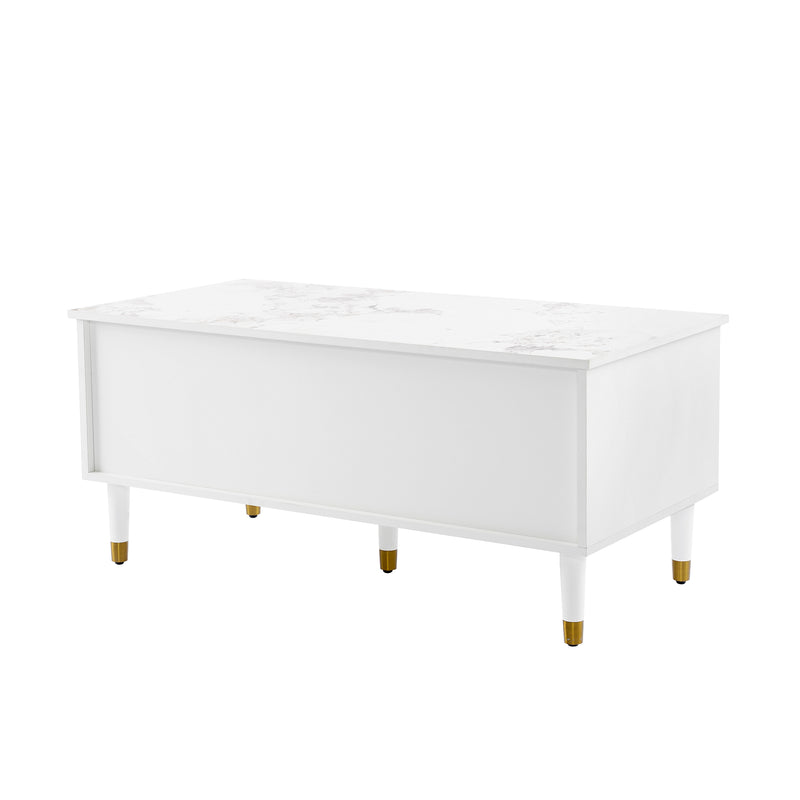 Table basse élégante blanc effet marbré 2 tiroirs 2 portes points pieds dorés CREZUN