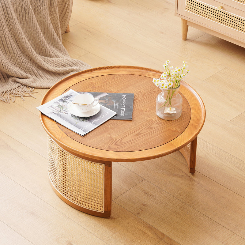 Table basse ronde élégante en bois avec détails en rotin 70x70cm THRAETAL