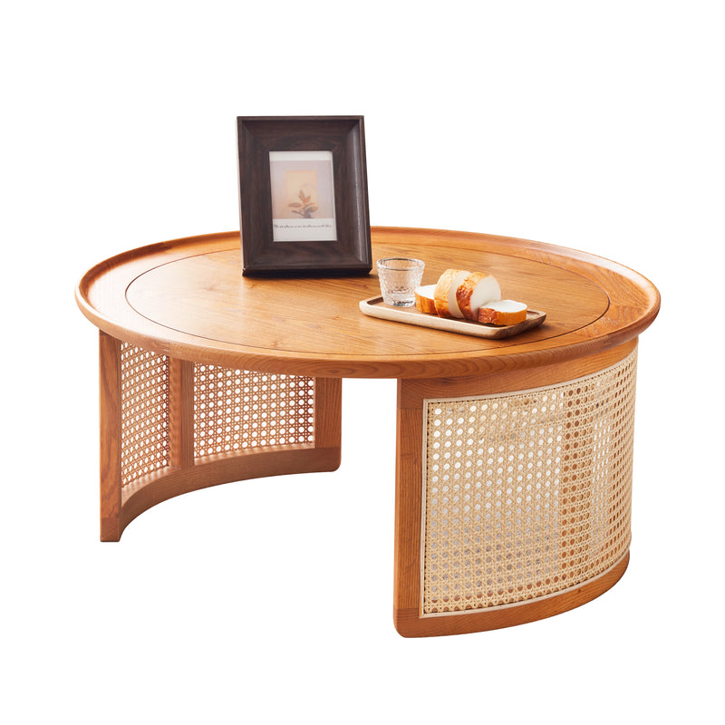 Table basse ronde élégante en bois avec détails en rotin 70x70cm THRAETAL