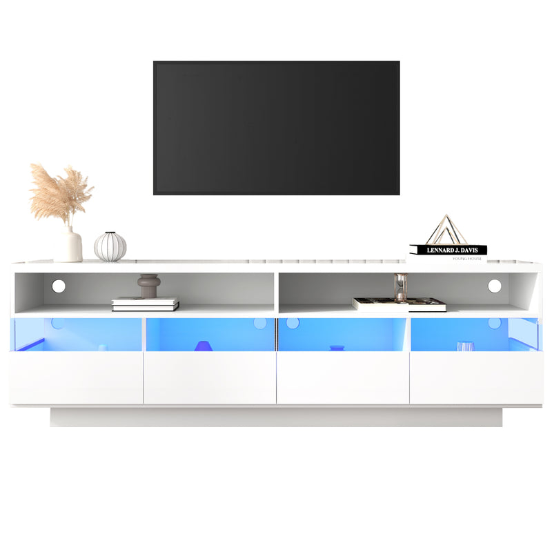 Meuble TV blanc laqué verre avec éclairage LED 2 rangement compartiments et 4 grands tiroirs AIRQET WHITE