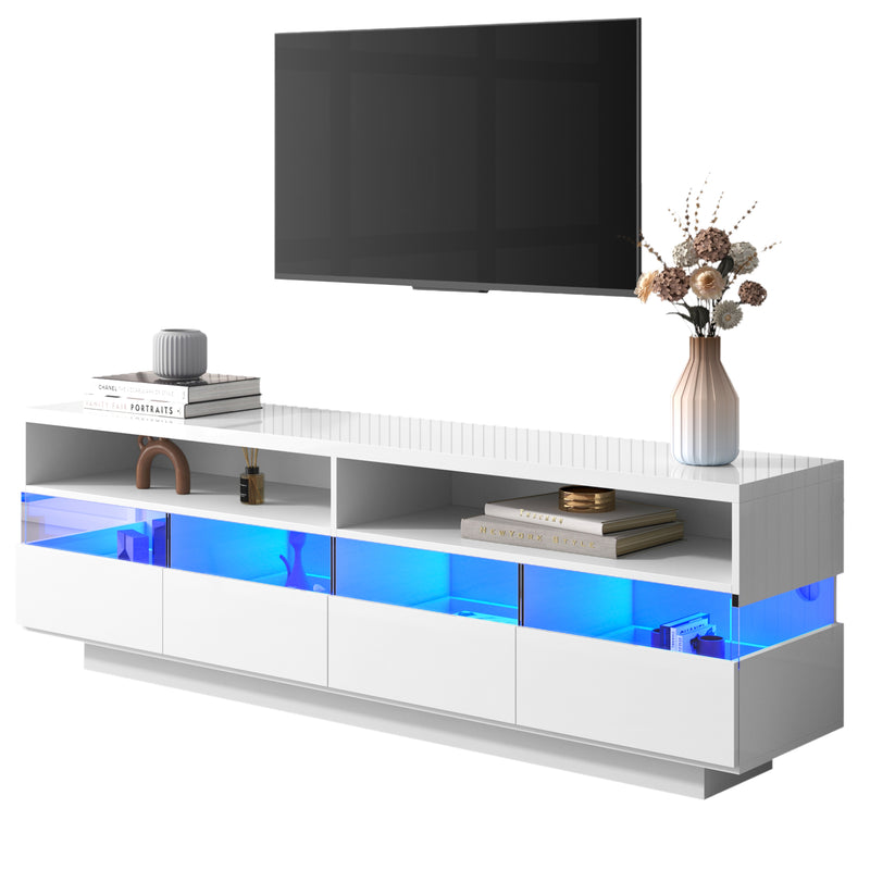 Meuble TV blanc laqué verre avec éclairage LED 2 rangement compartiments et 4 grands tiroirs AIRQET WHITE