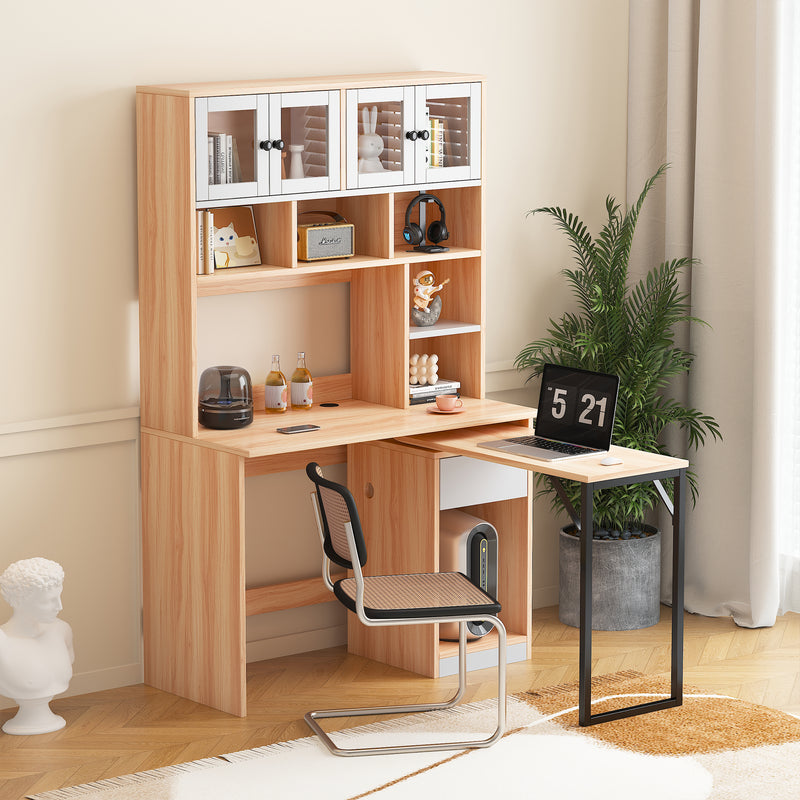 Bureau étagère armoire pivotant forme L blanc effet bois naturel 180cm RAAMUNS