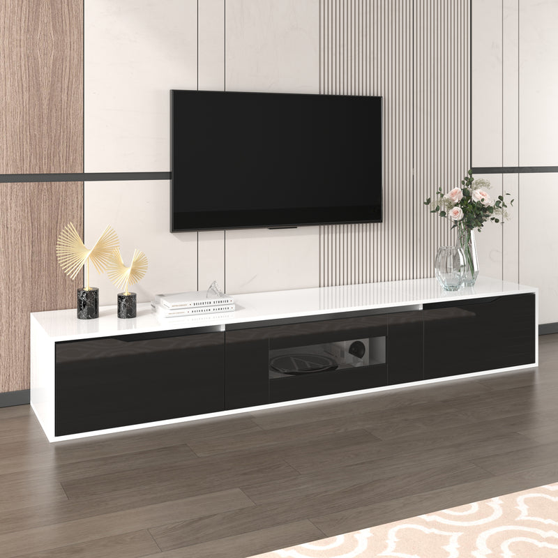 Meuble TV haute brillance noir et blanc avec éclairage LED à couleur changeante portes Push-to-Open 180*30 GOKAINS