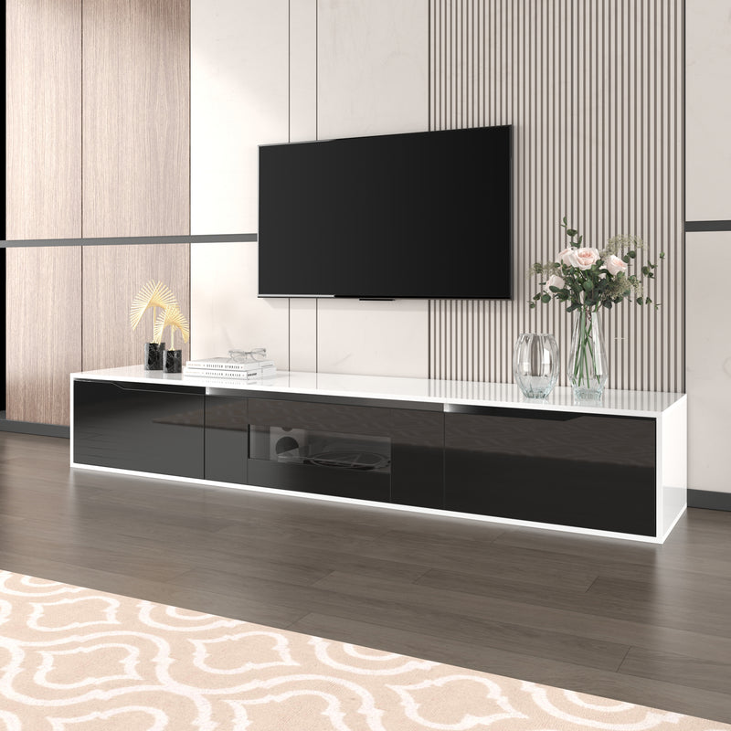 Meuble TV haute brillance noir et blanc avec éclairage LED à couleur changeante portes Push-to-Open 180*30 GOKAINS