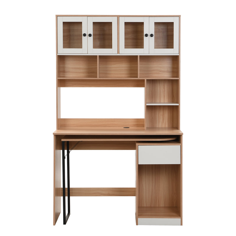 Bureau étagère armoire pivotant forme L blanc effet bois naturel 180cm RAAMUNS