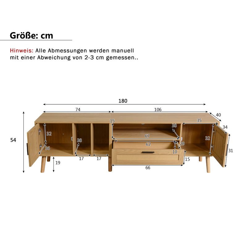 Meuble TV effet bois décoration en rotin 2 portes et un tiroir 180cm BRAVVANS