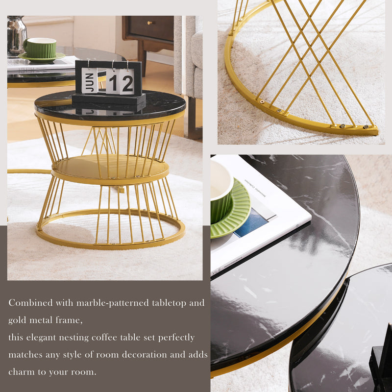 Ensemble table basse rondes gigogne haute brillance effet marbre noir structure couleur dorée KHED