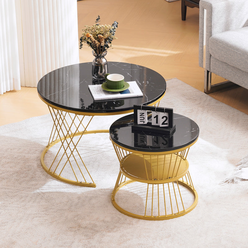 Ensemble table basse rondes gigogne haute brillance effet marbre noir structure couleur dorée KHED