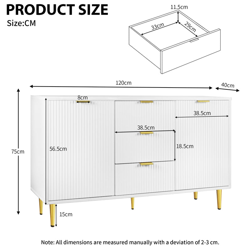 Buffet design blanc poignets et pieds dorés façade à rayures verticales 120*40*75 cm CHIGUH BUFFET