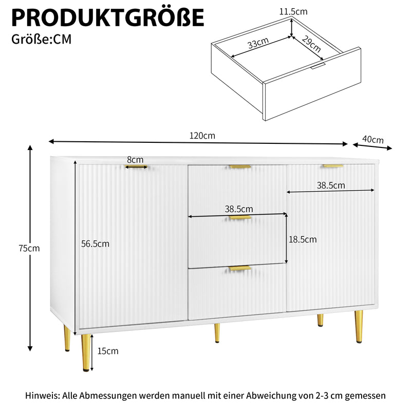 Buffet design blanc poignets et pieds dorés façade à rayures verticales 120*40*75 cm CHIGUH BUFFET