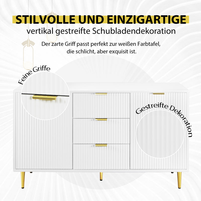 Buffet design blanc poignets et pieds dorés façade à rayures verticales 120*40*75 cm CHIGUH BUFFET