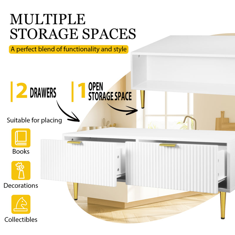 Table basse blanche moderne avec poignets et pieds dorés 2 tiroirs motif à rayures verticales CHIGUH COFFEE TABLE WHITE