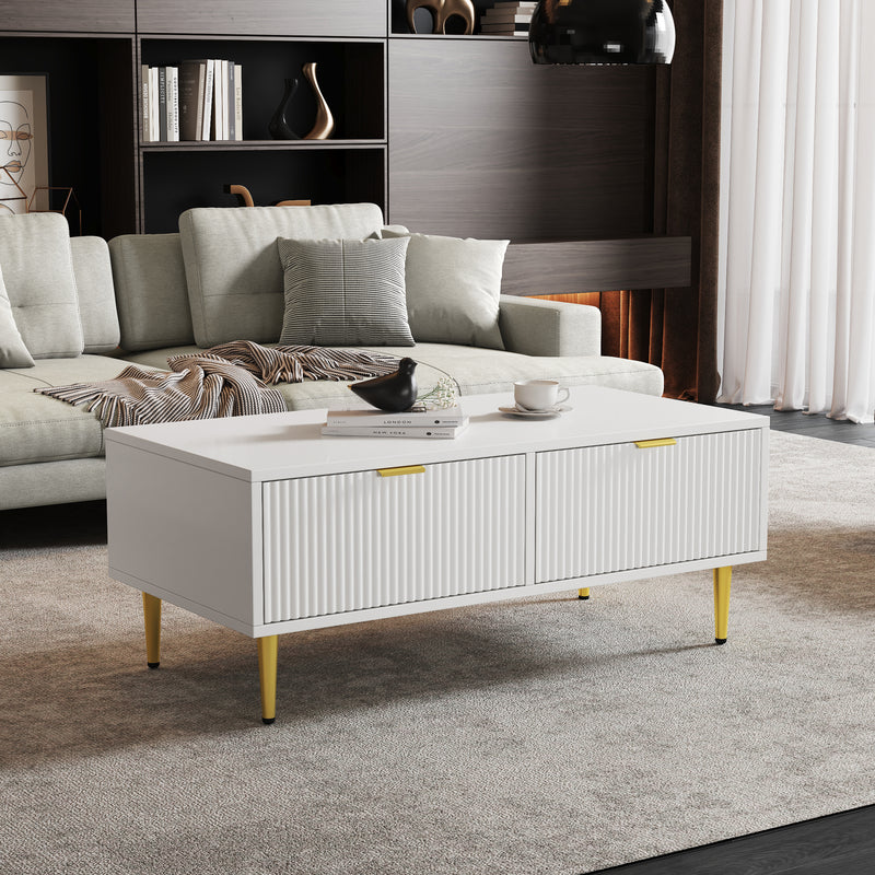 Table basse blanche moderne avec poignets et pieds dorés 2 tiroirs motif à rayures verticales CHIGUH COFFEE TABLE WHITE