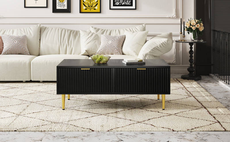 Table basse élégante noire avec poignets et pieds dorées 2 tiroirs design à rayures verticales STRUX BLACK