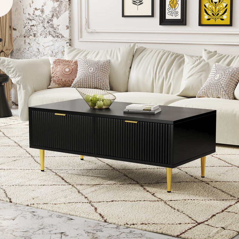 Table basse élégante noire avec poignets et pieds dorées 2 tiroirs design à rayures verticales STRUX BLACK