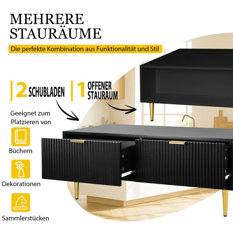 Table basse élégante noire avec poignets et pieds dorées 2 tiroirs design à rayures verticales STRUX BLACK