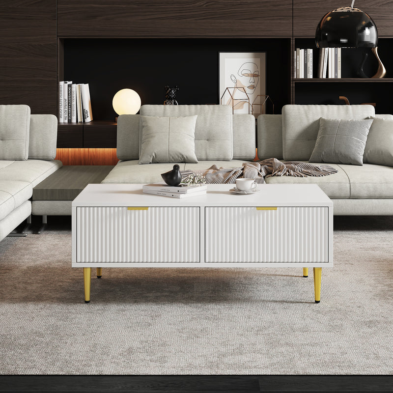 Table basse blanche moderne avec poignets et pieds dorés 2 tiroirs motif à rayures verticales CHIGUH COFFEE TABLE WHITE