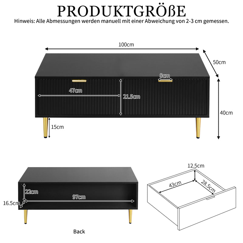 Table basse élégante noire avec poignets et pieds dorées 2 tiroirs design à rayures verticales STRUX BLACK