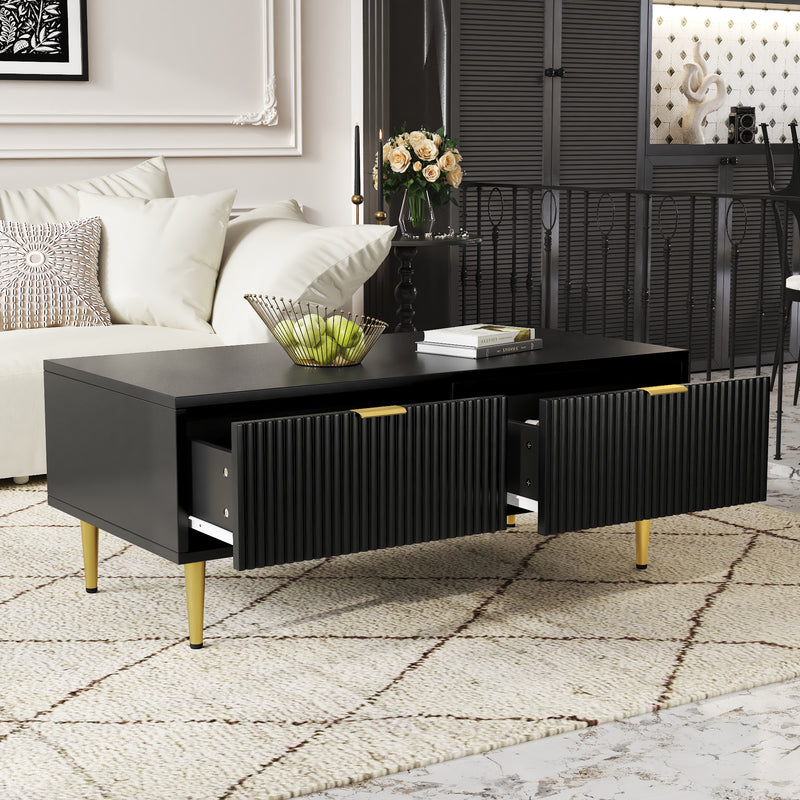 Table basse élégante noire avec poignets et pieds dorées 2 tiroirs design à rayures verticales STRUX BLACK