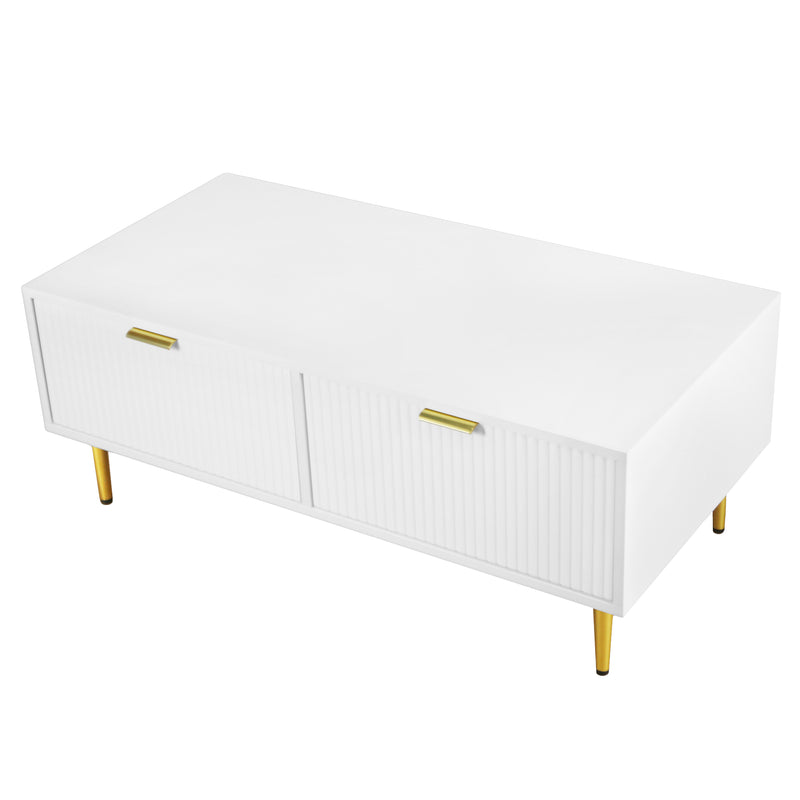 Table basse blanche moderne avec des poignets et pieds dorés 2 tiroirs design à rayures verticales STRUX WHITE