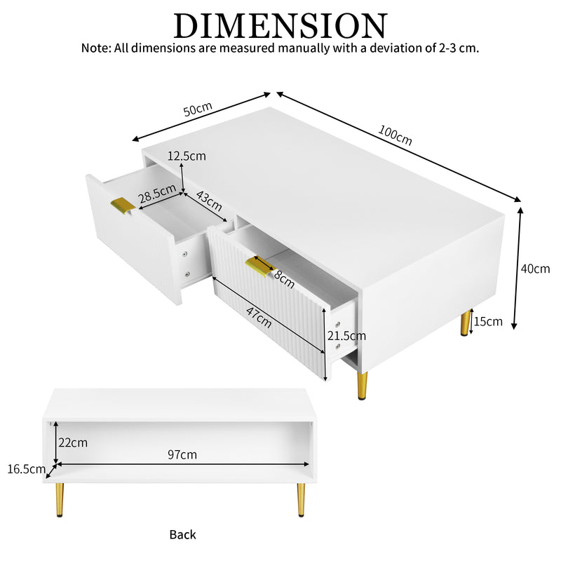 Table basse blanche moderne avec poignets et pieds dorés 2 tiroirs motif à rayures verticales CHIGUH COFFEE TABLE WHITE