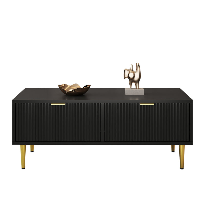 Table basse élégante noire avec poignets et pieds dorées 2 tiroirs design à rayures verticales STRUX BLACK