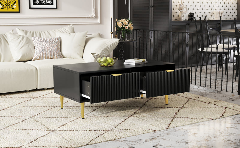 Table basse élégante noire avec poignets et pieds dorées 2 tiroirs design à rayures verticales STRUX BLACK