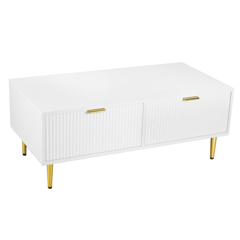 Table basse blanche moderne avec des poignets et pieds dorés 2 tiroirs design à rayures verticales STRUX WHITE