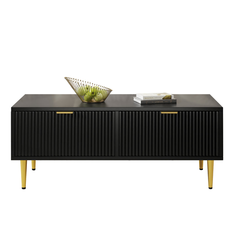 Table basse élégante noire avec poignets et pieds dorées 2 tiroirs design à rayures verticales STRUX BLACK