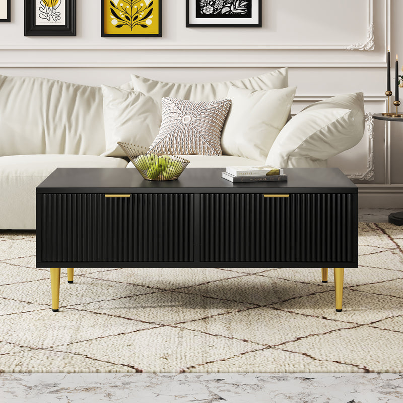 Table basse élégante noire avec poignets et pieds dorées 2 tiroirs design à rayures verticales STRUX BLACK