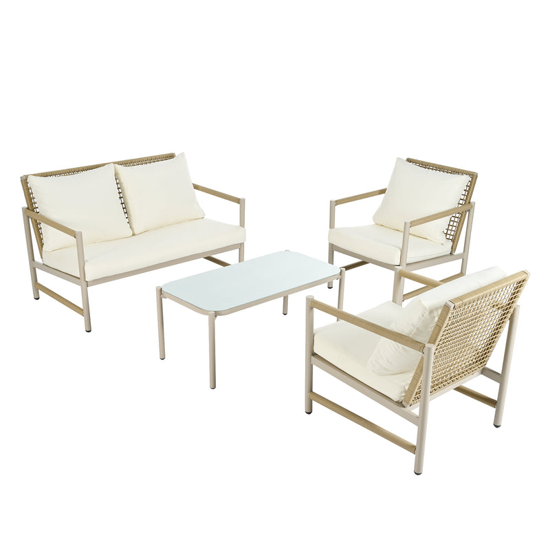 Ensemble salon de jardin 4 pièces table en verre chaises rotin PE beige coussins inclus ISIOR