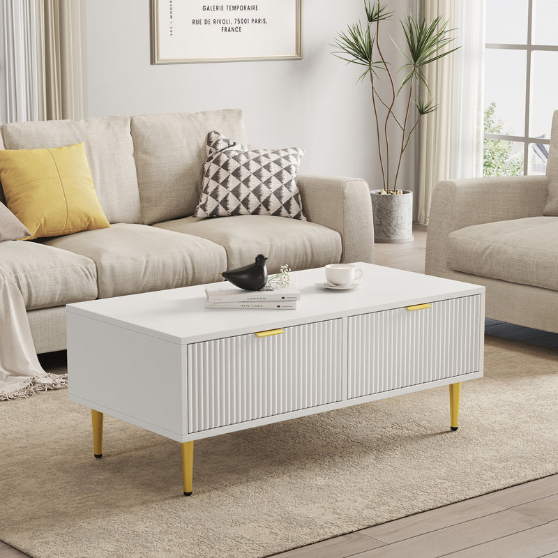 Table basse blanche moderne avec poignets et pieds dorés 2 tiroirs motif à rayures verticales CHIGUH COFFEE TABLE WHITE