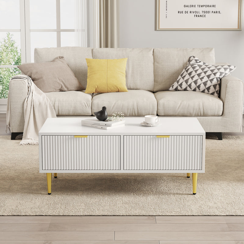 Table basse blanche moderne avec poignets et pieds dorés 2 tiroirs motif à rayures verticales CHIGUH COFFEE TABLE WHITE