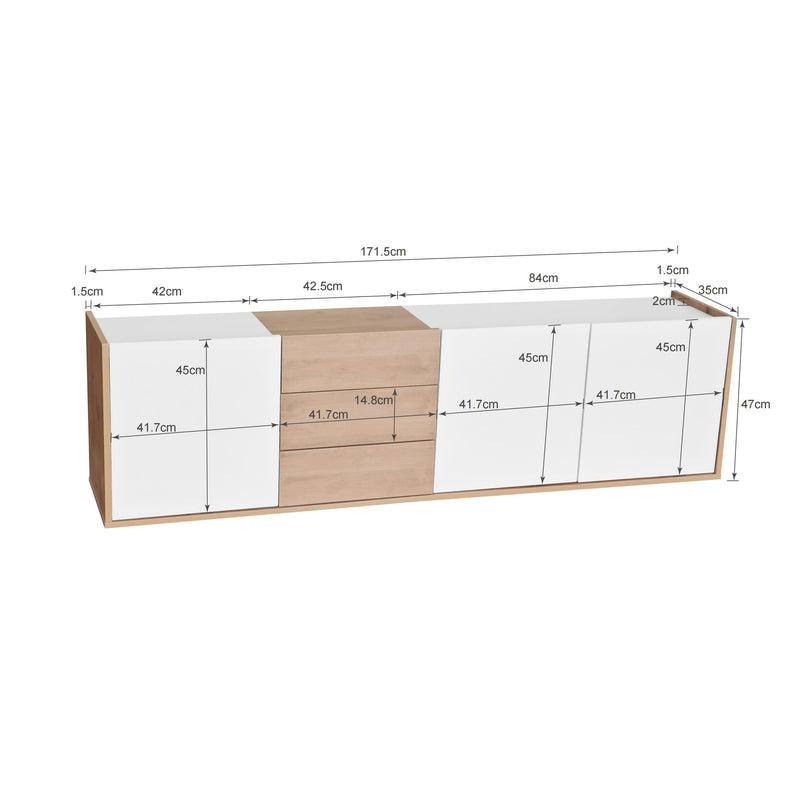 Meuble TV blanc et bois 3 portes et 3 tiroirs murale ou posé au sol GHUGROINS
