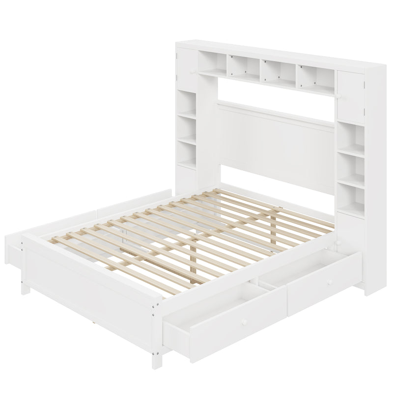 Cadre de lit double bois blanc avec étagère placard de rangement 4 tiroirs sommier à lattes 140*200 GUNKRIETS