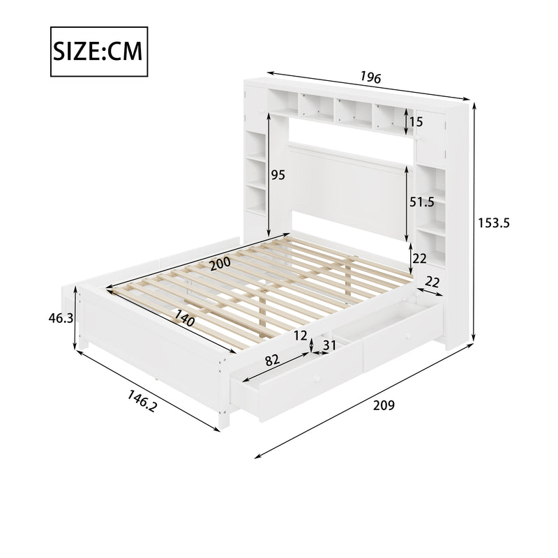 Cadre de lit double bois blanc avec étagère placard de rangement 4 tiroirs sommier à lattes 140*200 GUNKRIETS