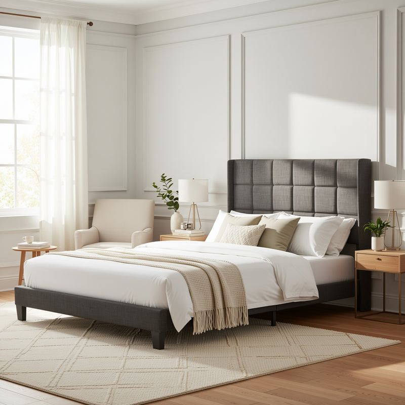 Ensemble lit double rembourré en lin gris 140x200 avec sommier à lattes et matelas à ressorts PERISTOM