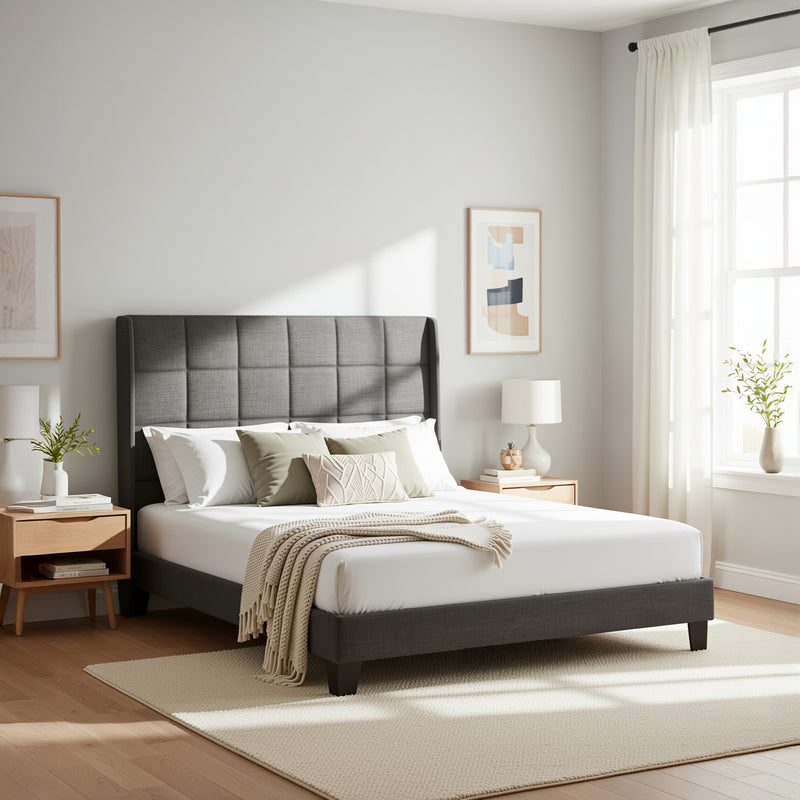 Ensemble lit double rembourré en lin gris 140x200 avec sommier à lattes et matelas à ressorts PERISTOM