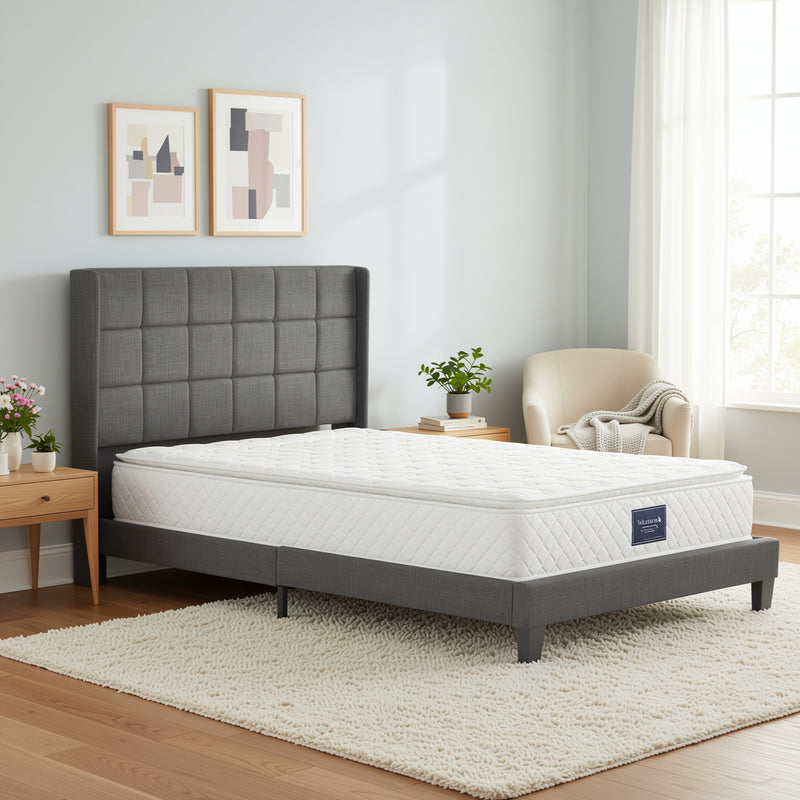 Ensemble lit double rembourré en lin gris 140x200 avec sommier à lattes et matelas à ressorts PERISTOM