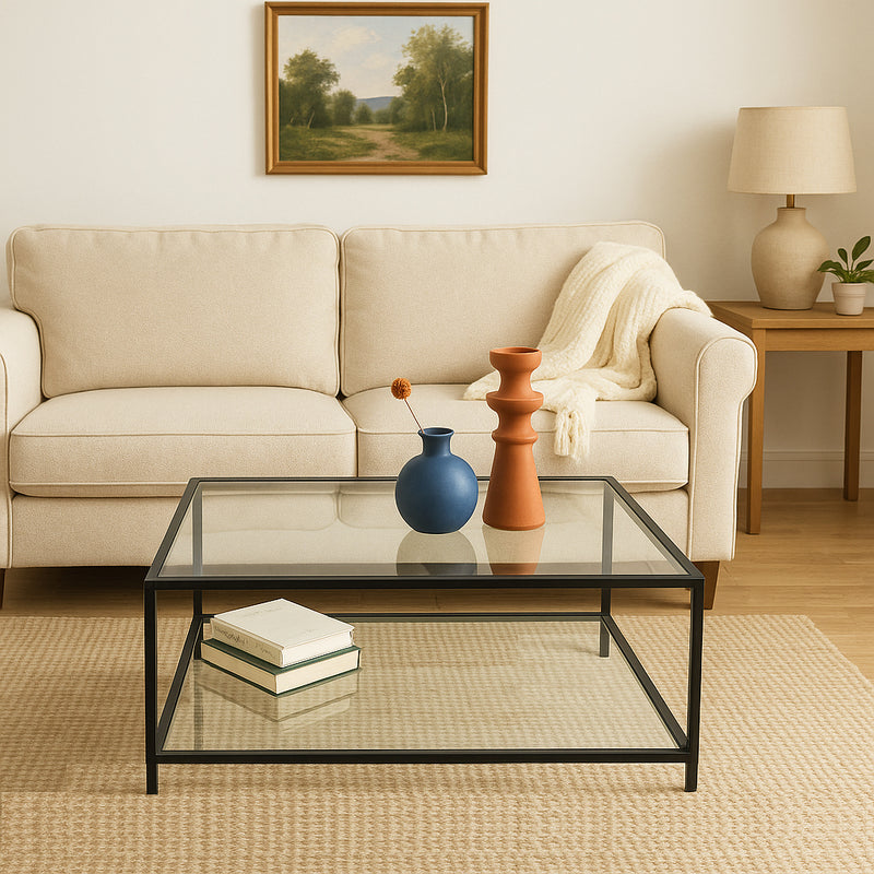 Wohnzimmer-Couchtisch aus Glas und schwarzem Metall HUDD LMKZ