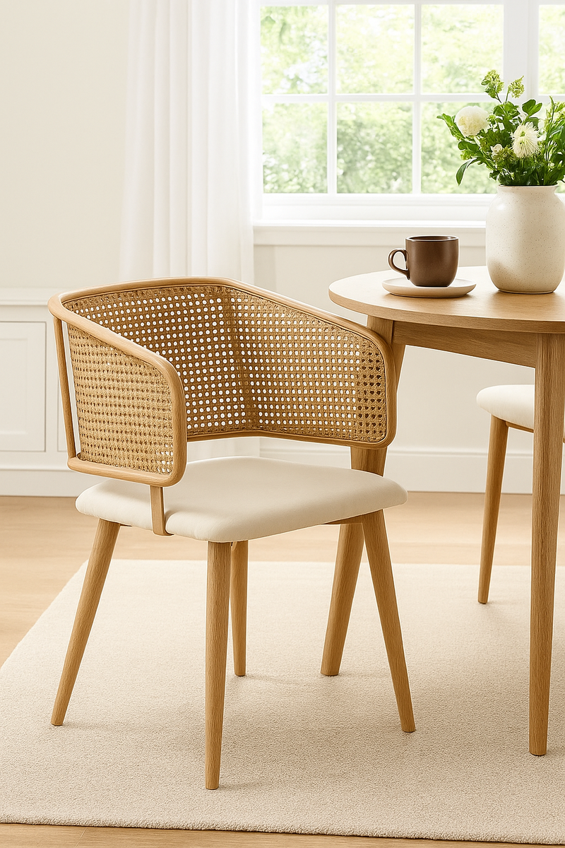 Lot de 2 chaises de salle à manger dossier en rotin, coussin d&