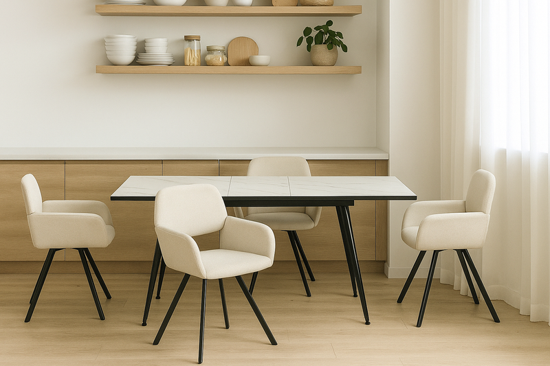 Ensemble table extensible effet marbre blanche 120-160 et 4 chaises pivotantes tissu beige WHALEN WHITE MARBLE STRETCH TABLE BLACK LEG+CALIFORNIA KD BEIGE SWIVEL*2